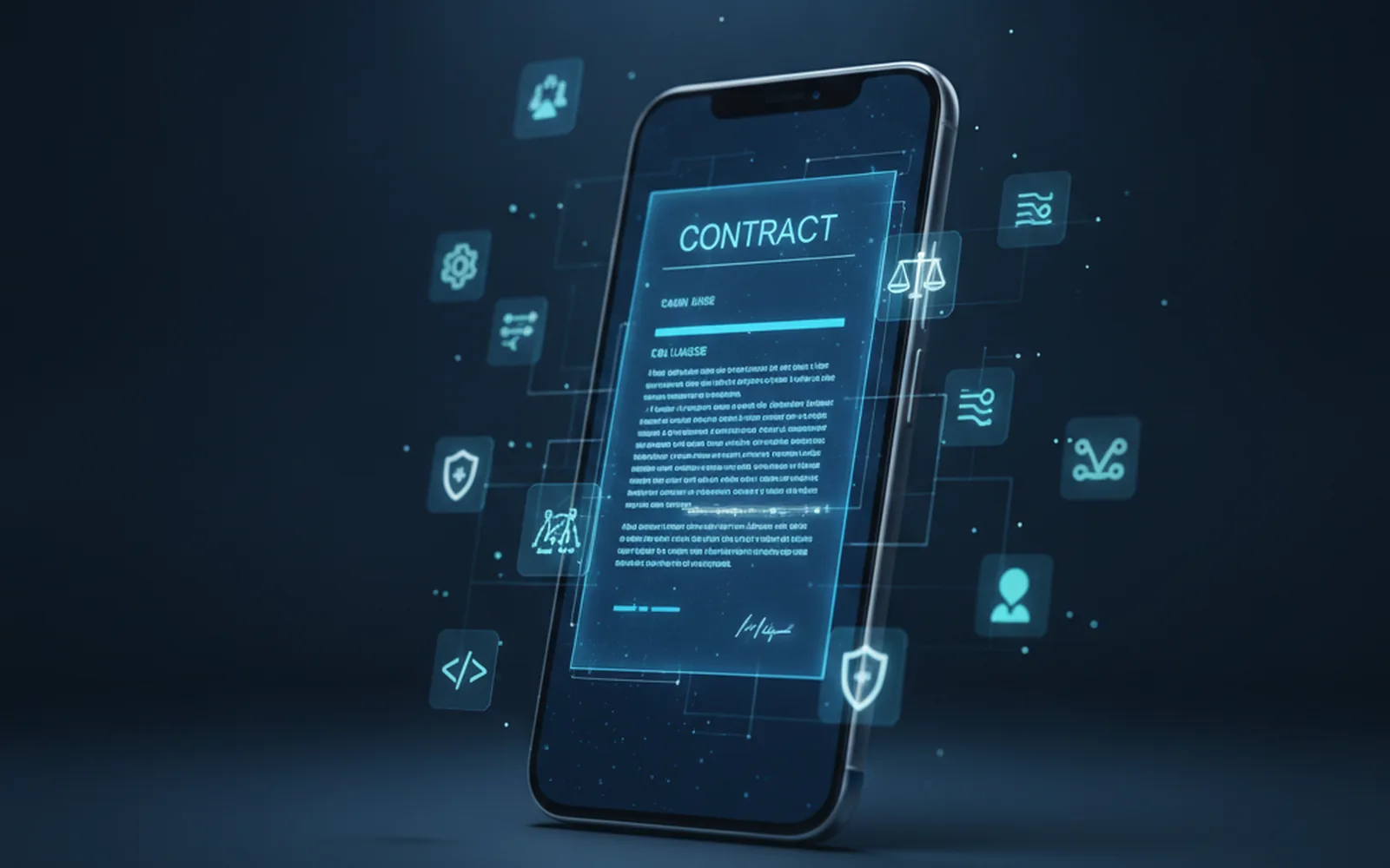 Смартфон с экраном лицензионного соглашения разработчика и иконками условий вокруг